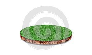 Soil round cross section with green grass field isolated on white