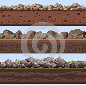 Soil Seamless layers ground layer. Stones and grass on dirts. Vector