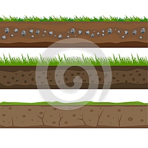Soil seamless layers. Layer of soil with grass and stones. The texture of the cut soil.