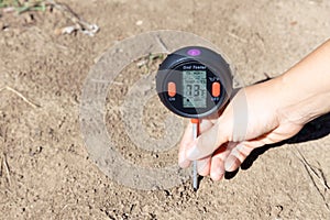 Soil temperature, moisture content, environmental humidity and illumination measurement. Global warming concept.