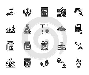 Soil testing flat glyph icons set. Agriculture, planting vector illustrations, hands holding ground with spring, plant