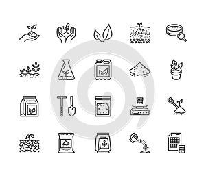 Soil testing flat line icons set. Agriculture, planting vector illustrations, hands holding ground with spring, plant