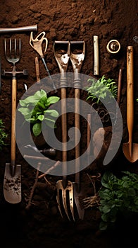 Soil and tools From above, gardening implements on rich soil backdrop, portraying planting