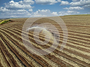 Soil treatment in sugarcane plantation. vinhoto nutritive substance , aerial view
