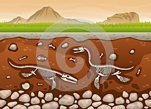 Soil Underground Layers With Dinosaur Fossil Paleontology Excavations Cartoon Vector