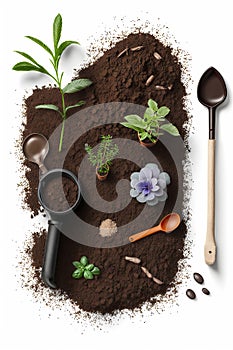 Soil on white background plants and flowers grow layout, garden accessories, watering can, shovel, rake.