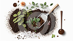 Soil on white background plants and flowers grow layout, garden accessories, watering can, shovel, rake.