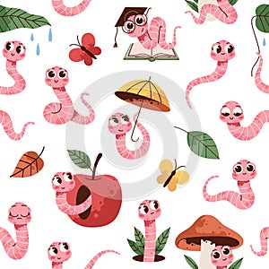 Soil worm characters seamless pattern. Funny earthworms with apple, mushroom and umbrella, garden creatures, farm