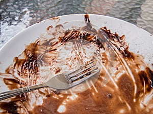 Soiled cake plate and a fork