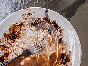 Soiled cake plate and a fork