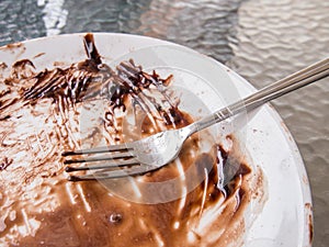 Soiled cake plate and a fork