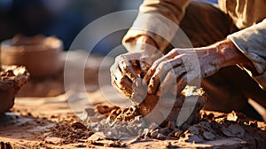 Soiled hand shaping clay in an outdoor workshop