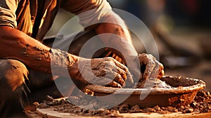 Soiled hand shaping clay in an outdoor workshop