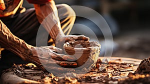 Soiled hand shaping clay in an outdoor workshop