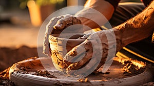 Soiled hand shaping clay in an outdoor workshop