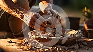 Soiled hand shaping clay in an outdoor workshop