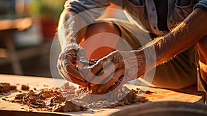 Soiled hand shaping clay in an outdoor workshop