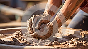 Soiled hand shaping clay in an outdoor workshop