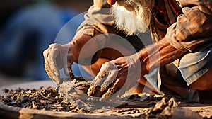 Soiled hand shaping clay in an outdoor workshop