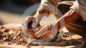 Soiled hand shaping clay in an outdoor workshop