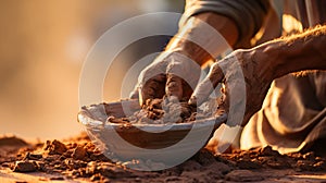 Soiled hand shaping clay in an outdoor workshop