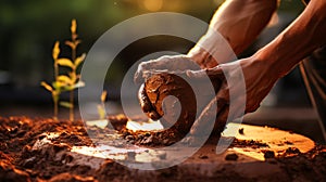 Soiled hand shaping clay in an outdoor workshop