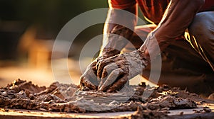 Soiled hand shaping clay in an outdoor workshop