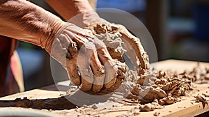 Soiled hand shaping clay in an outdoor workshop