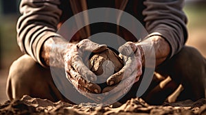 Soiled hand shaping clay in an outdoor workshop