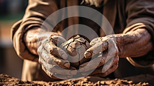 Soiled hand shaping clay in an outdoor workshop