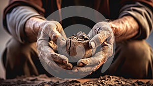 Soiled hand shaping clay in an outdoor workshop