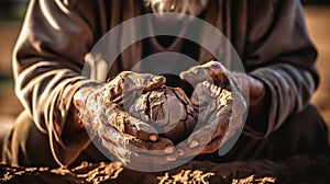 Soiled hand shaping clay in an outdoor workshop