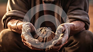 Soiled hand shaping clay in an outdoor workshop