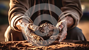 Soiled hand shaping clay in an outdoor workshop