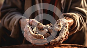 Soiled hand shaping clay in an outdoor workshop