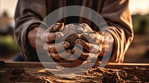 Soiled hand shaping clay in an outdoor workshop