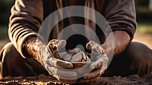 Soiled hand shaping clay in an outdoor workshop