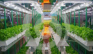 Soilless culture of vegetables under artificial light. Organic hydroponic vegetable garden. LED light Indoor farm photo