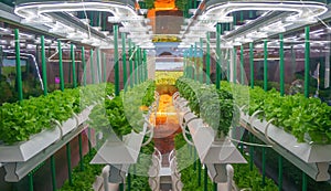 Soilless culture of vegetables under artificial light. Organic hydroponic vegetable garden. LED light Indoor farm