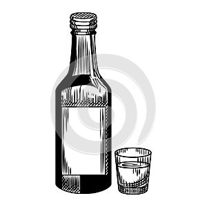 Soju bottle and shot isolated on white background