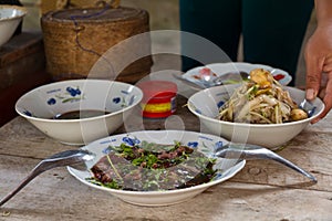 Sok Lek,Raw Beef and duck Blood in North East or Isaan Local Food in Thailand and Laos