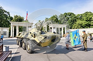 Sokolniki Park, day of Mariners of the Navy with an military amphibious tank expose for tourists and citizens