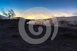 The Sol de la Manana, Rising Sun steaming geyser field high up in a massive crater in Bolivian Altiplano, Bolivia