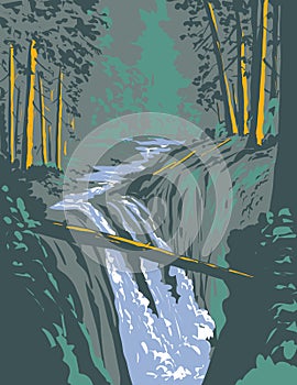 Sol Duc Falls on Soleduck River Olympic National Park Washington State WPA Poster Art
