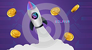 Solana SOL crypto currency banner with rocket illustration photo