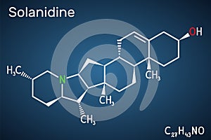 Solanidine molecule. It is poisonous steroidal alkaloid, plant metabolite, toxin. Structural chemical formula on the dark blue photo