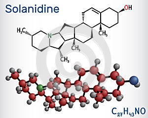 Solanidine molecule. It is poisonous steroidal alkaloid, plant metabolite, toxin. Structural chemical formula and molecule model photo