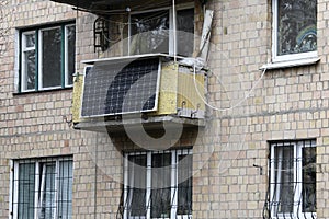 The solar battery panel mounted on the balcony of an apartment building in Kyiv, Ukraine. March 2020