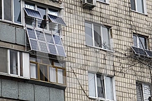 The solar battery panels mounted on the balcony of an apartment building in Kyiv, Ukraine. April 2021