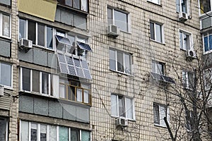 The solar battery panels mounted on the balcony of an apartment building in Kyiv, Ukraine. April 2021